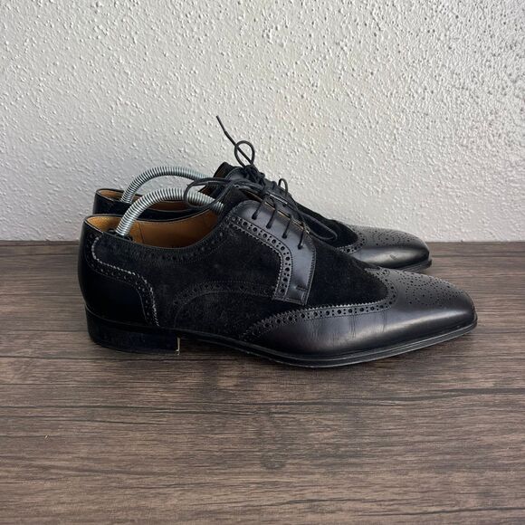 Magnanni Gareth Brogue Wingtip Derby Oxfords Dress Black‎ Leather Lace Up Mens 9 - Picture 1 of 9
